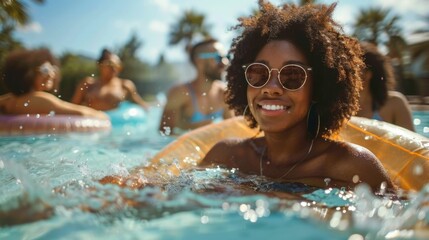 A group of happy friends enjoying a lively pool party splashing water and relaxing on colorful floats under the warm summer sun  The scene exudes a sense of carefree fun leisure and