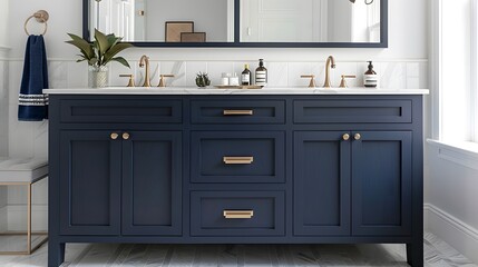A navy blue bathroom vanity with brass hardware, set against white walls and light grey floors in an elegant contemporary style home interior design of a modern bedroom bathroom.