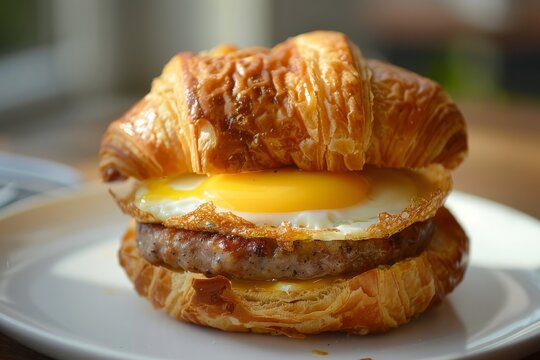 croissant sandwich with sausage patty, egg, and cheese on a white plate