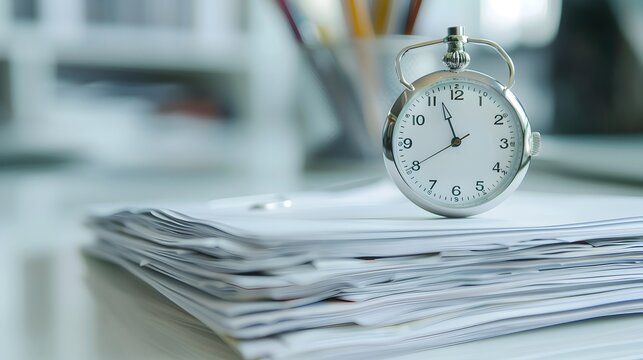 Stopwatch Next to Business Papers on Clean White Desk with Bright Lighting