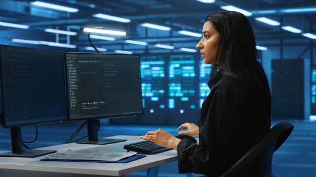 Technician working in high tech server room, analyzing data on multiple monitors, ensuring seamless data flow. Woman examining racks in data center, ensuring system integrity and security - Powered by Adobe