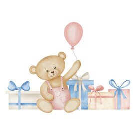 Teddy Bear with Balloon and gift boxes. Watercolor illustration of cute animal and presents for Baby shower greeting cards or birthday party invitation. Drawing for childish design in pastel colors.