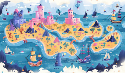 Background for a Children's Game An Uninhabited Island in the Ocean With Castles and Ships