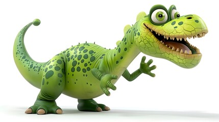 Fototapeta premium Playful 3D Dinosaur Waving With Big Eyes and Wide Smile on Isolated White Background