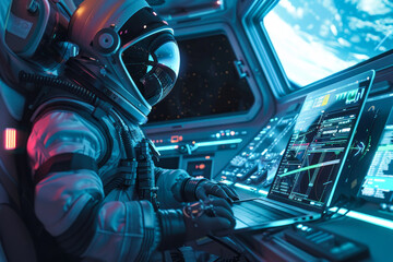 Astronaut operating spaceship controls