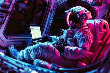 Astronaut with laptop in spaceship window seat