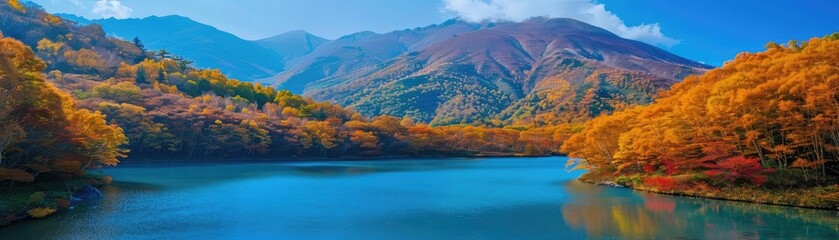 Obraz premium Stunning autumn landscape with vibrant fall foliage, calm blue lake, and mountains under a clear sky. Perfect for nature and travel enthusiasts.