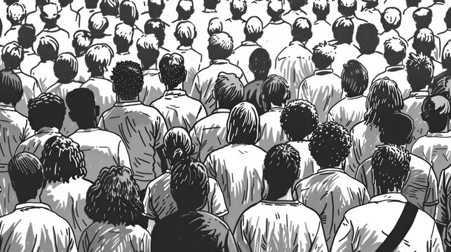 Black and white drawing of a crowd of people in a gathering