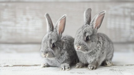 Two little grey bunnies on wooden background white backdrop