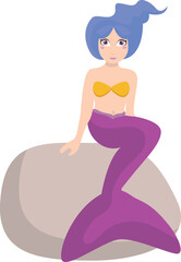 Flat isolated mermaid sitting on a stone. Cartoon mermaid illustration vector.
