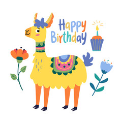 Greeting birthday card with funny funky lama with colorful flowers and cake with candle. Vector illustration in flat style and happy birthday lettering