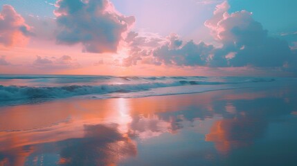 Obraz premium A serene beach at sunset, with the ocean waves crashing against the shore and colorful clouds in the sky reflecting on its shimmering surface.