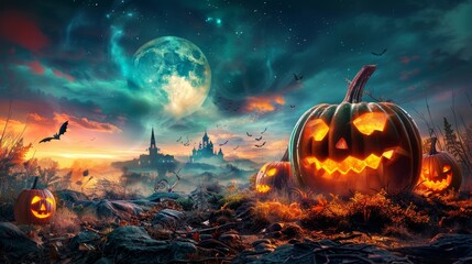 Naklejka premium Craft a chilling Halloween image depicting a spooky nighttime ambiance, where pumpkins emit an otherworldly light against a backdrop of eerie darkness