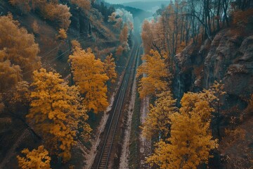 Obraz premium Aerial view of railway tracks through a stunning autumn landscape with golden trees and scenic mountains in the background.