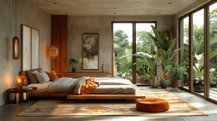 Background image of elegant bedroom with large bed, and natural light. AIGT2.