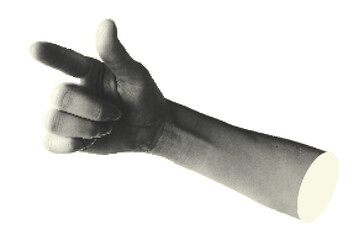 Collage halftone elements with pointing hands and doodle buttons. Fingers gesture touch, click, tap. Cut out shapes. Modern vintage trendy design object isolated on white. Vector illustration.