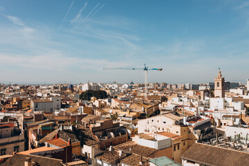 Aerial cityscape view from Serranos towers on the old town of Valencia city in Spain. Valencia old town wide panoramic photo