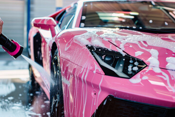 Detailed car wash of an exotic pink vehicle