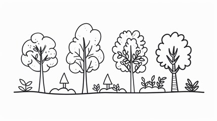 Simple black and white doodle illustration of four trees in a forest