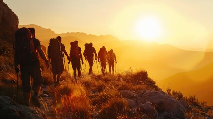 Fototapeta premium Hikers walking towards sunset in nature