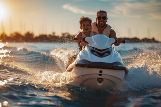 Man and child enjoying jet ski ride. Summer fun on vacation
