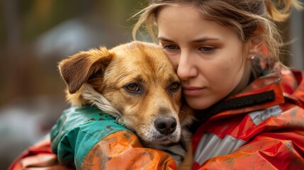 Compassionate rescue worker holding a dog close