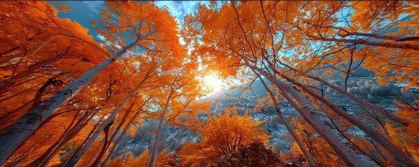 Panoramic autumn forest with vibrant fall foliage, sun rays breaking through trees, and dramatic sky creating a breathtaking natural scene.