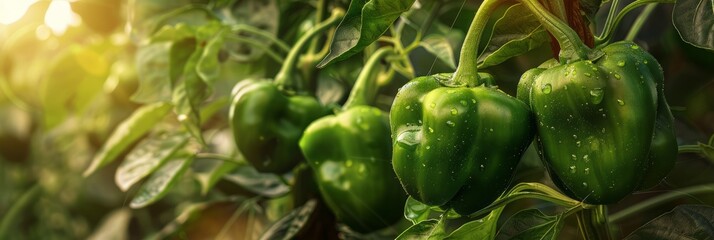 Among the plantation's greenery, green sweet peppers grow abundantly, their bright hue signaling readiness for picking and culinary delight, banner