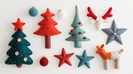 Felt Christmas tree and toys arranged in a collage on a white background