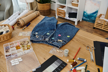 Upcycling of clothes on a cluttered wooden table with an eco-friendly concept.