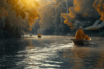Photo of old monk riding a boat on a river with villagers thai monk Buddhism
