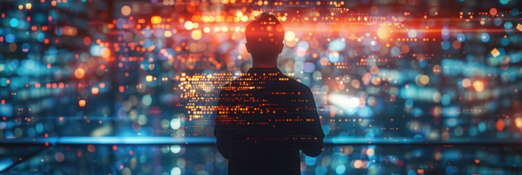 Digital technology and development: software engineer using tablet, big data management, internet network connection, photorealistic, Close-up, mix color, Leading lines, centered in frame