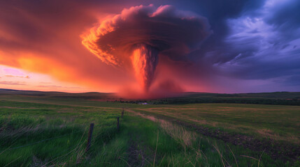Dramatic Tornado at Sunset Over Countryside Landscape with Dark Clouds.