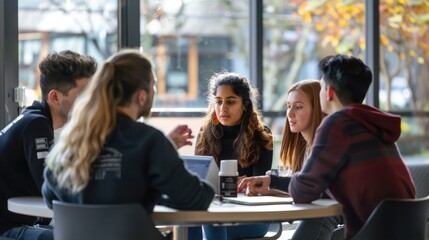 Diverse group of students sitting around a table in a cafe or school, talking and laughing AIG535