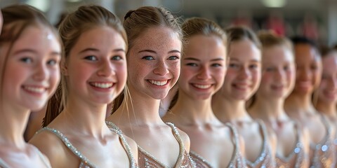 A group of young female dancers stand in a row, smiling and looking at the camera