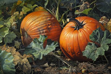 Obraz premium A plantation teems with big pumpkins, each one swelling to impressive sizes amidst lush foliage, signaling a season of rich, plentiful harvest