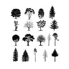 A large set of different Silhouettes of deciduous bushes and trees. black illustration