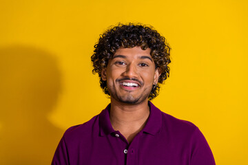 Fototapeta premium Photo portrait of attractive young man look camera dressed stylish violet clothes isolated on yellow color background