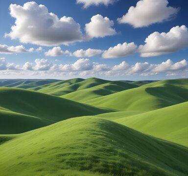 Green rolling hills under a blue sky with fluffy white clouds