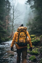 Obraz premium A man wearing an orange jacket stands on a mountain top with a backpack. The scene is serene and peaceful, with the man taking in the beautiful view of the mountains and the lake below