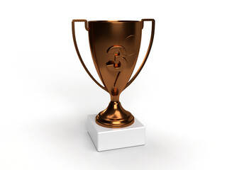 Bronze trophy with racket - cup for the badmint competition for taking 3rd place. Diploma idea. 3d rendering.