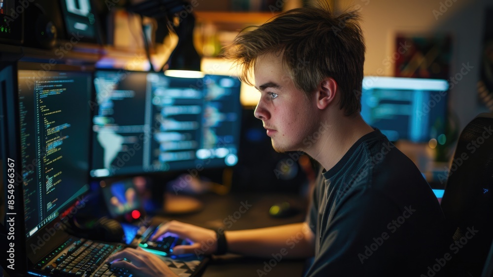 Poster a focused programmer is diligently working on code in a dark office with dual monitors aig58