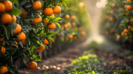 An orange orchard full of vibrant oranges, the trees covered in bright green leaves and bathed in sunlight. The ground is lush with rich soil, creating an atmosphere filled with fresh air and sweet sc