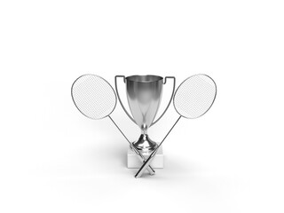 Silver trophy with racket - cup for the badmint competition for taking 2nd place. Diploma idea. 3d rendering.