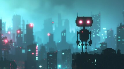 Futuristic cityscape with a single robot standing on a rooftop, its silhouetted form against the glowing neon lights of the city
