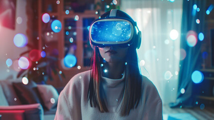 Naklejka premium Person with VR headset among colorful lights