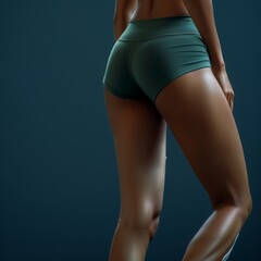 Fototapeta premium a woman's lower body She is wearing a sports bra sport pants. Her posture suggests she is either walking or in mid-motion, with one foot slightly lifted off the ground.