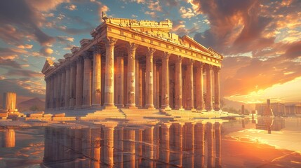 Obraz premium Classical temple with reflective surfaces, sunset backdrop, soft golden hues, low angle shot, intricate details glowing, serene and majestic, sky painted with fiery colors