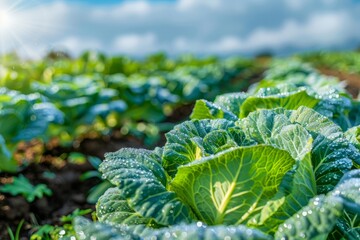 On a farm plantation, cabbages thrive with lush green leaves, each head glistening with drops of morning dew, promising a fresh and bountiful harvest