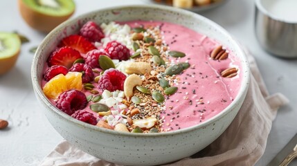 Indulge in a colorful and nutrient-packed smoothie bowl filled with fresh fruits, crunchy nuts, and wholesome seeds for breakfast bliss. Created with Generative AI.